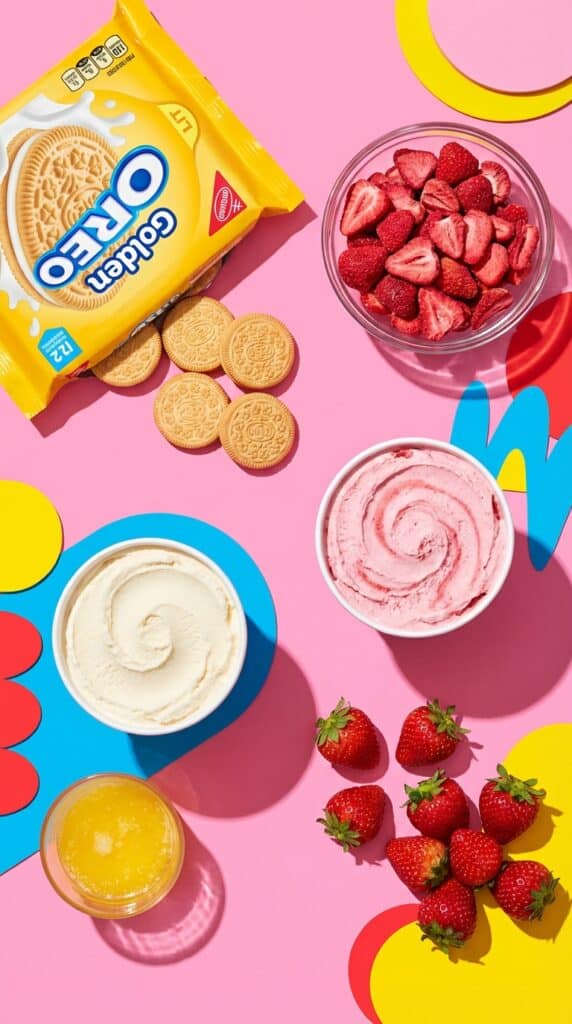 A flat lay showing Golden Oreos, freeze-dried strawberries, tubs of ice cream, and butter on a pink background.