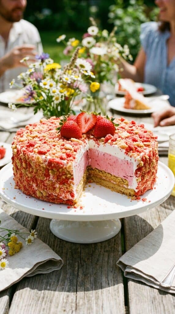 A close-up of a slice of strawberry crunch cake on a plate, slightly melting, with a fork.