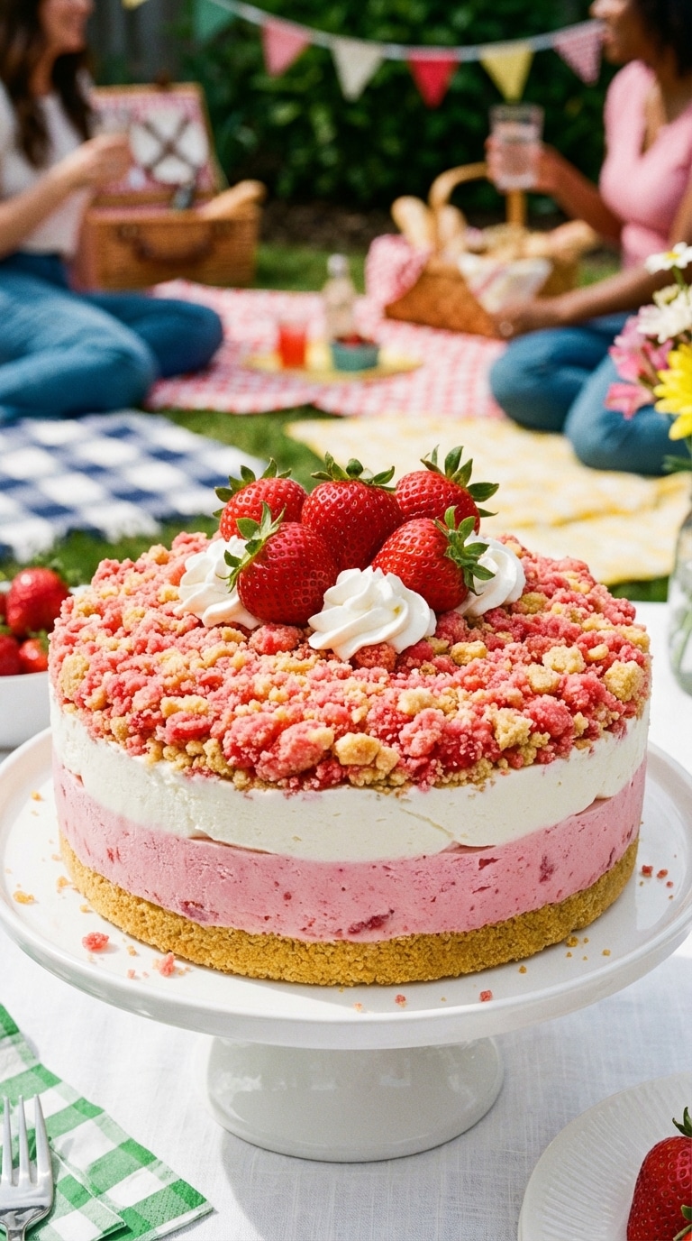 A whole round ice cream cake with layers of vanilla and strawberry, covered in pink crunch topping and fresh strawberries.