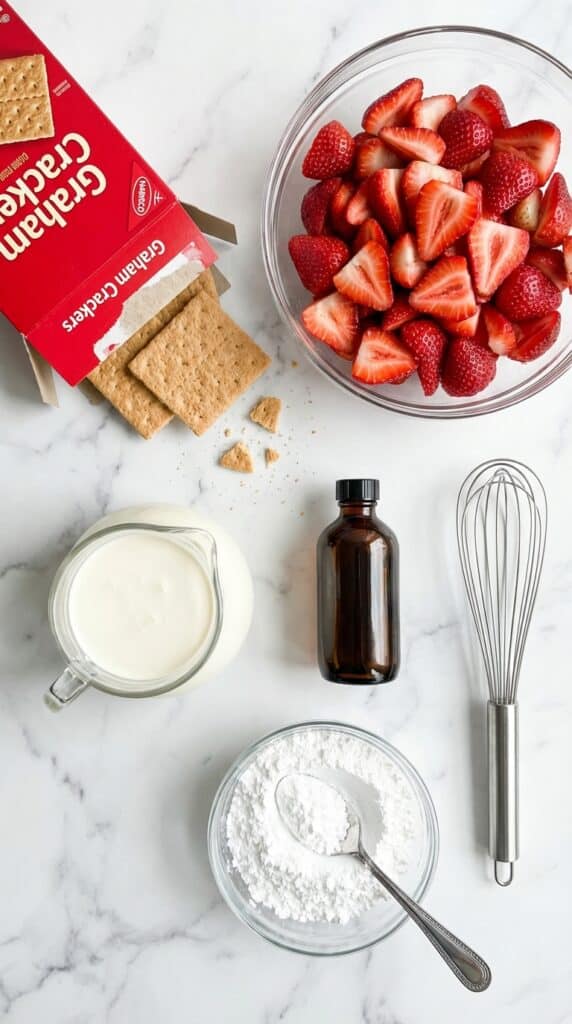 A flat lay showing a box of graham crackers, heavy cream, vanilla, sugar, and sliced strawberries on a marble counter.