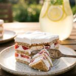 A close-up of a slice of strawberry icebox cake on a plate, with a fork cutting through the soft layers.