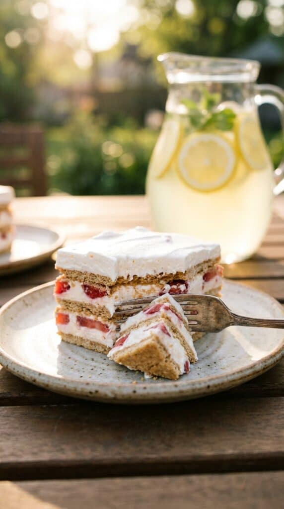 A close-up of a slice of strawberry icebox cake on a plate, with a fork cutting through the soft layers.
