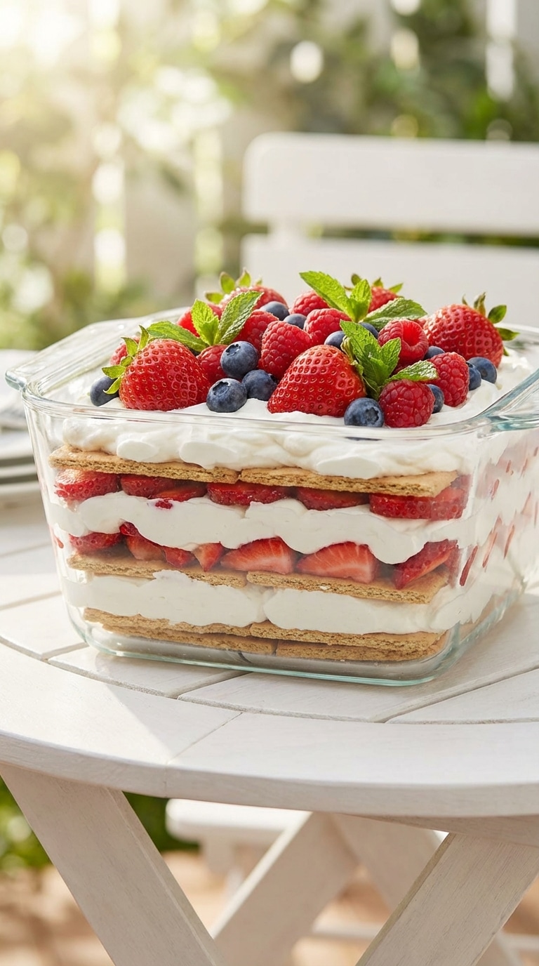 A side view of a glass dish filled with layered strawberry icebox cake showing graham crackers, cream, and fruit.