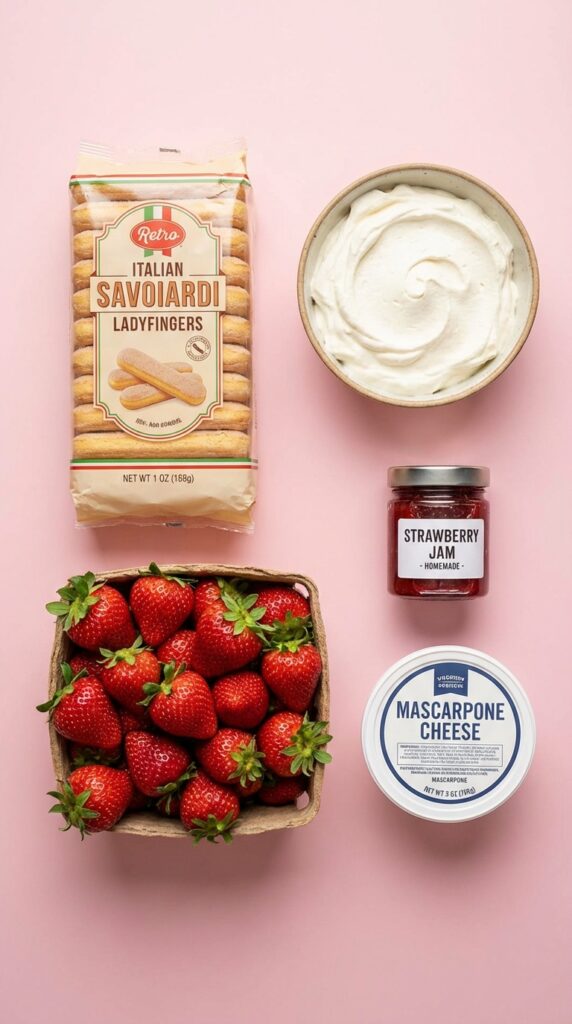 A flat lay showing packages of ladyfingers, fresh strawberries, whipped cream, and mascarpone cheese.