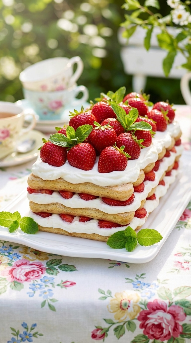 A whole rectangular no-bake strawberry cake made with ladyfingers and whipped cream, topped with fresh berries.