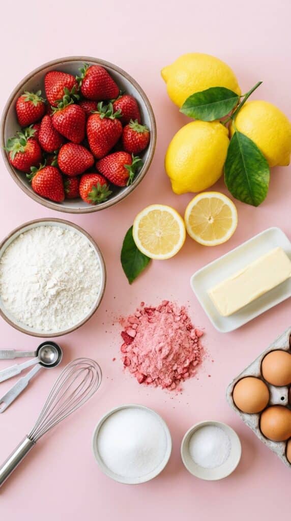 A flat lay showing fresh strawberries, lemons, flour, butter, eggs, and strawberry powder on a pink surface.