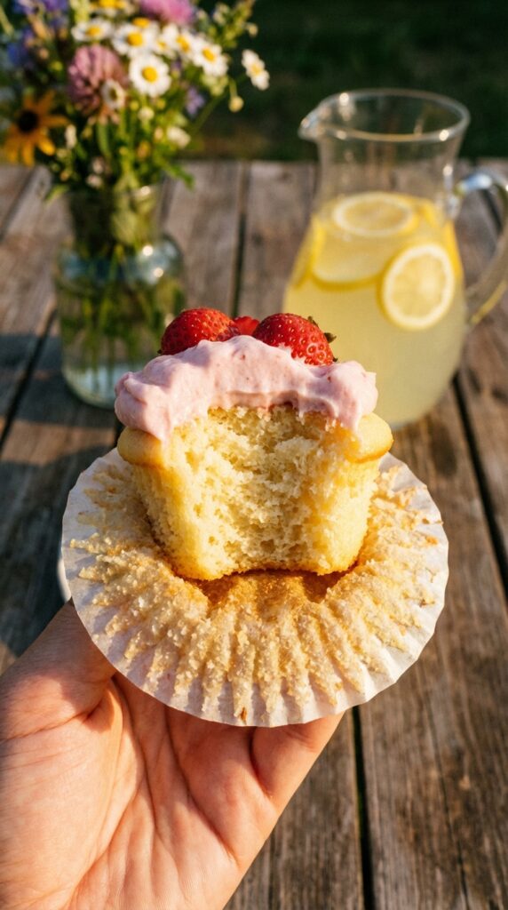 A close-up of a hand holding a bitten lemon cupcake with pink frosting, showing the moist yellow interior.