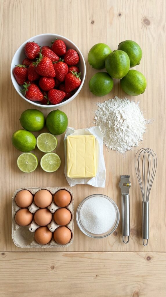 A flat lay showing fresh strawberries, limes, flour, butter, eggs, and sugar on a wooden table.