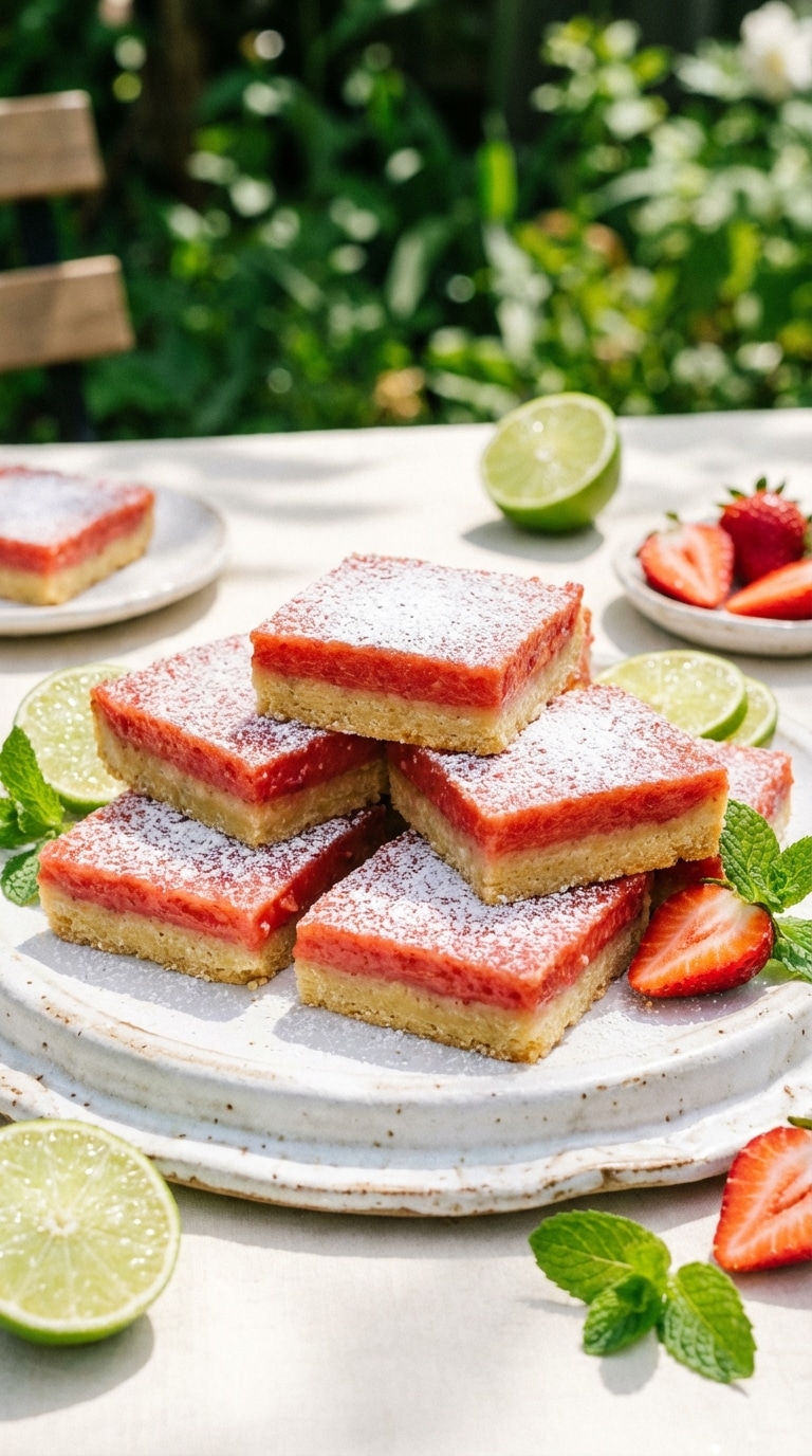 A stack of pink strawberry-lime dessert bars with a shortbread crust, dusted with powdered sugar and garnished with fresh fruit.