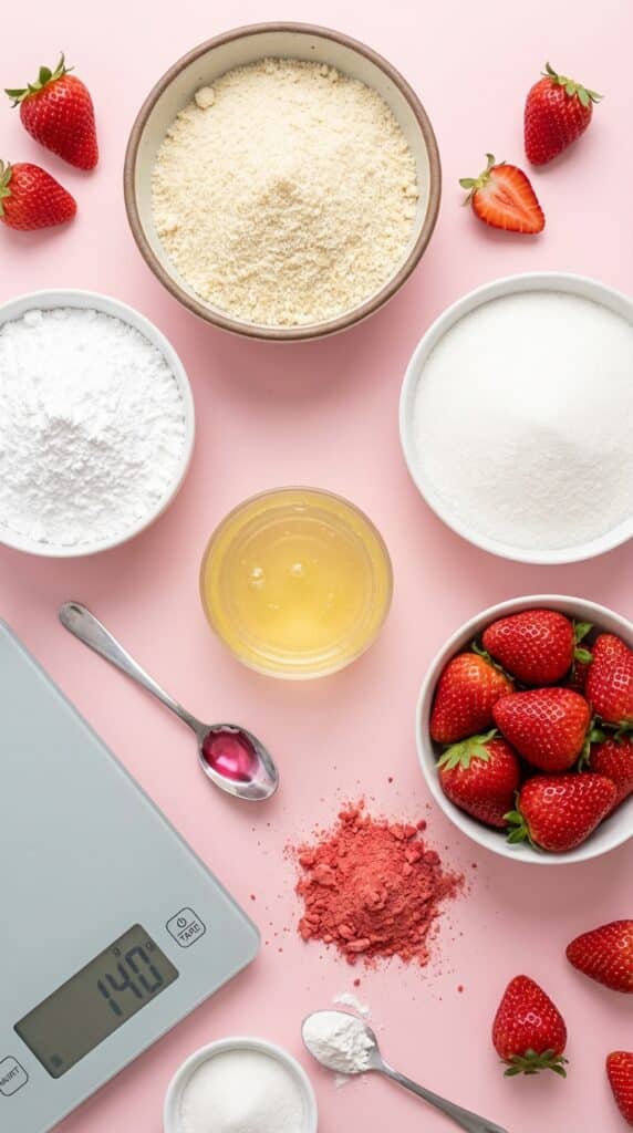 A flat lay of almond flour, sugar, egg whites, pink food coloring, and strawberries on a pink surface.
