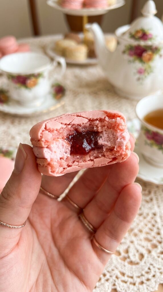 A close-up of a bitten pink macaron showing the jam center and chewy texture.