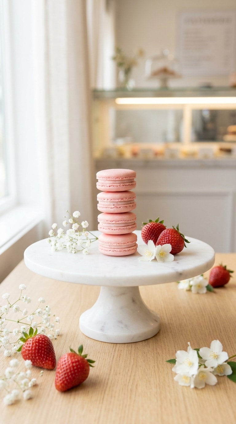 A stack of pink strawberry macarons with white cream filling on a marble stand with fresh strawberries.
