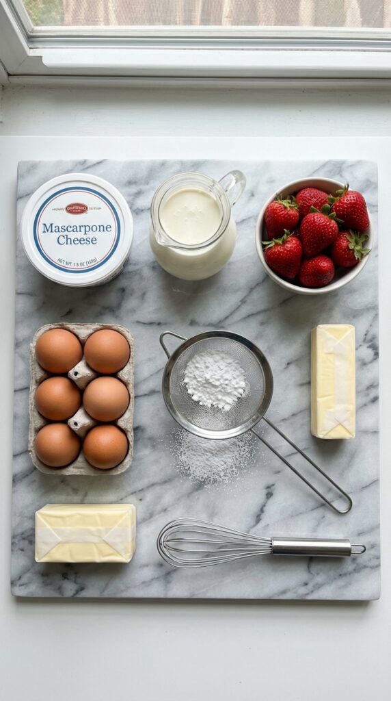 A flat lay showing mascarpone cheese, heavy cream, strawberries, eggs, and sugar on a marble board.