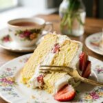 A close-up of a fork cutting a slice of soft vanilla cake with creamy topping and strawberries.