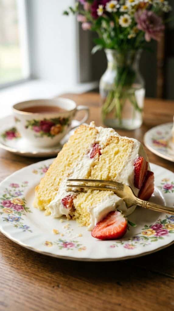 A close-up of a fork cutting a slice of soft vanilla cake with creamy topping and strawberries.
