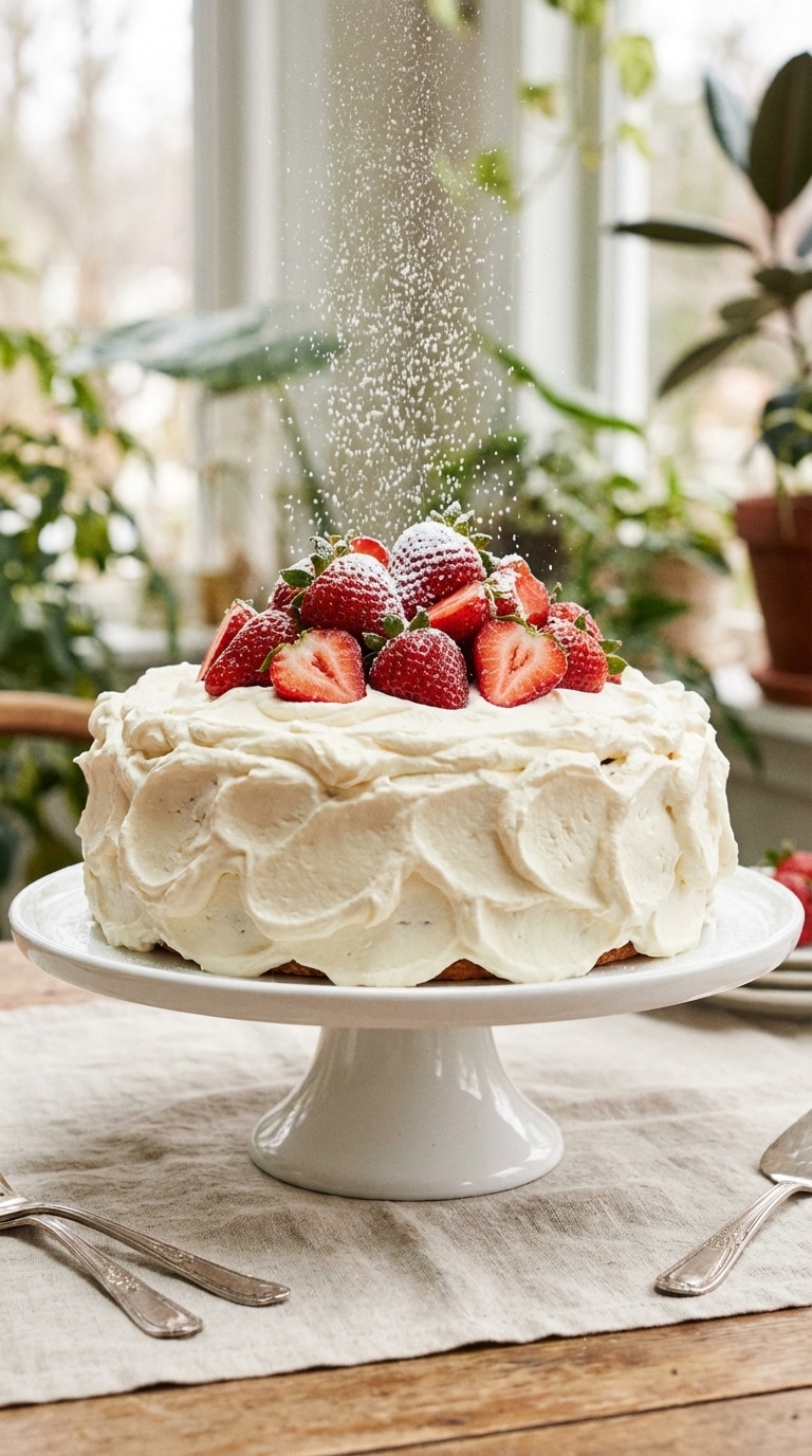 A single-layer vanilla cake topped with thick white mascarpone cream and a pile of fresh strawberries.