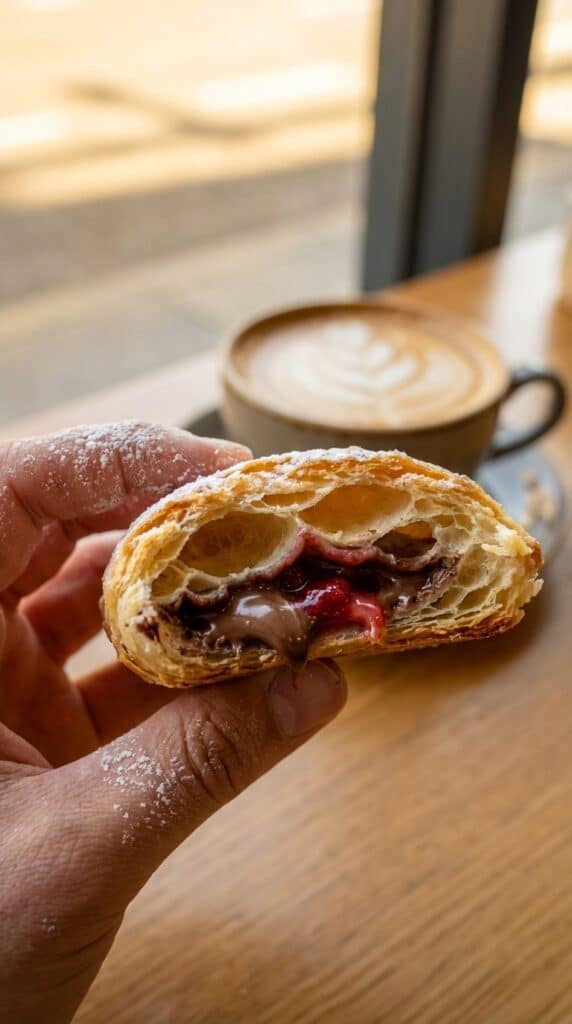 A close-up of a hand holding a bitten puff pastry tart, showing flaky layers and gooey chocolate filling.