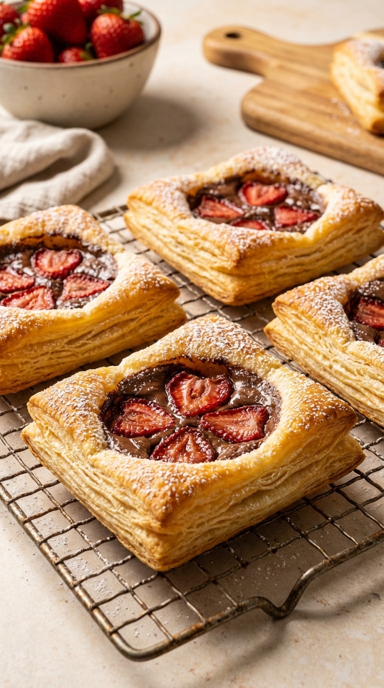 Golden brown puff pastry tarts filled with Nutella and strawberries, dusted with powdered sugar on a wire rack.