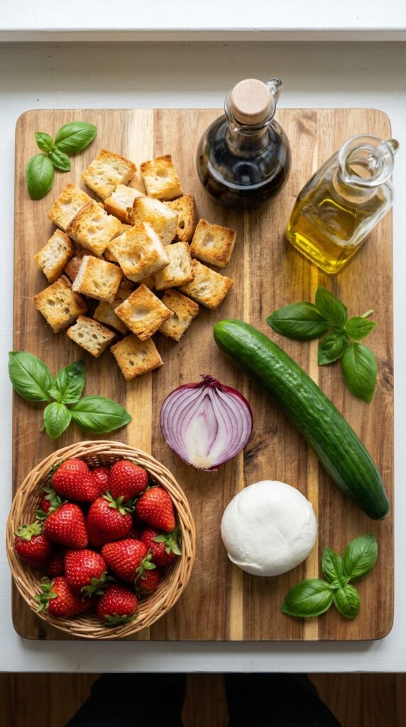 A flat lay showing cubed bread, strawberries, cucumber, onion, mozzarella, and balsamic vinegar on a wooden board.