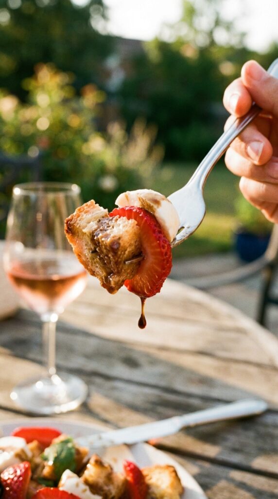 A close-up of a fork lifting a piece of strawberry, bread, and cheese with balsamic dressing dripping off.