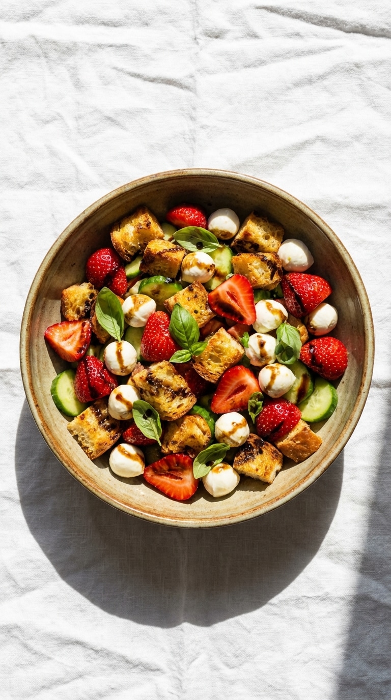 A large salad bowl filled with toasted bread, strawberries, cucumber, mozzarella, and basil tossed in balsamic dressing.