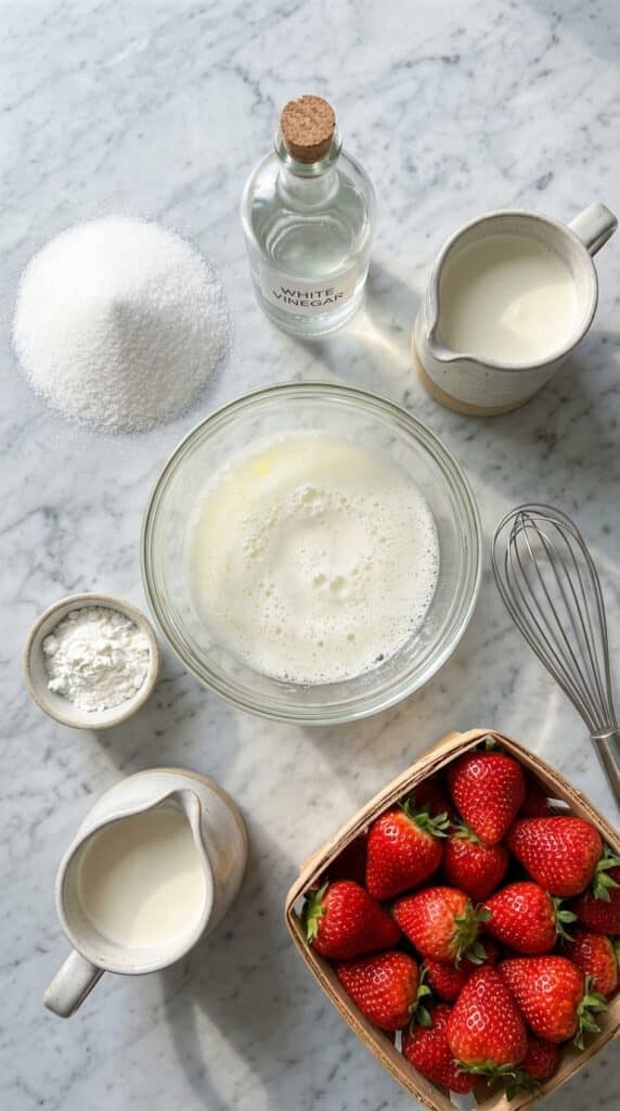 A flat lay showing egg whites, sugar, cornstarch, vinegar, cream, and strawberries on a marble table.