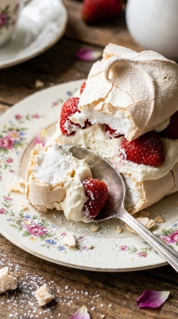 A close-up of a spoon breaking the crisp shell of a pavlova slice to reveal the soft center.