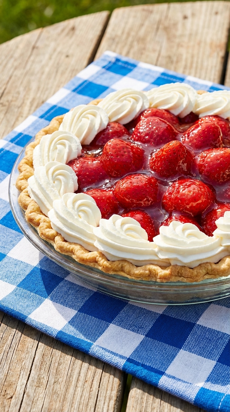 A whole fresh strawberry pie with glossy red glazed berries and whipped cream on a picnic table.