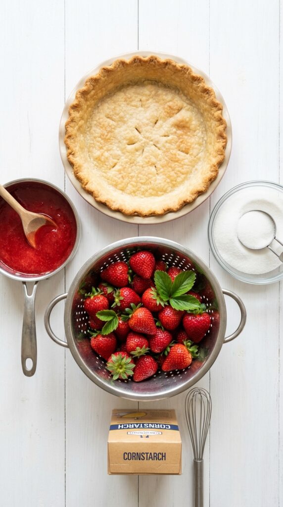 A flat lay showing a baked pie shell, fresh strawberries, sugar, cornstarch, and strawberry glaze.
