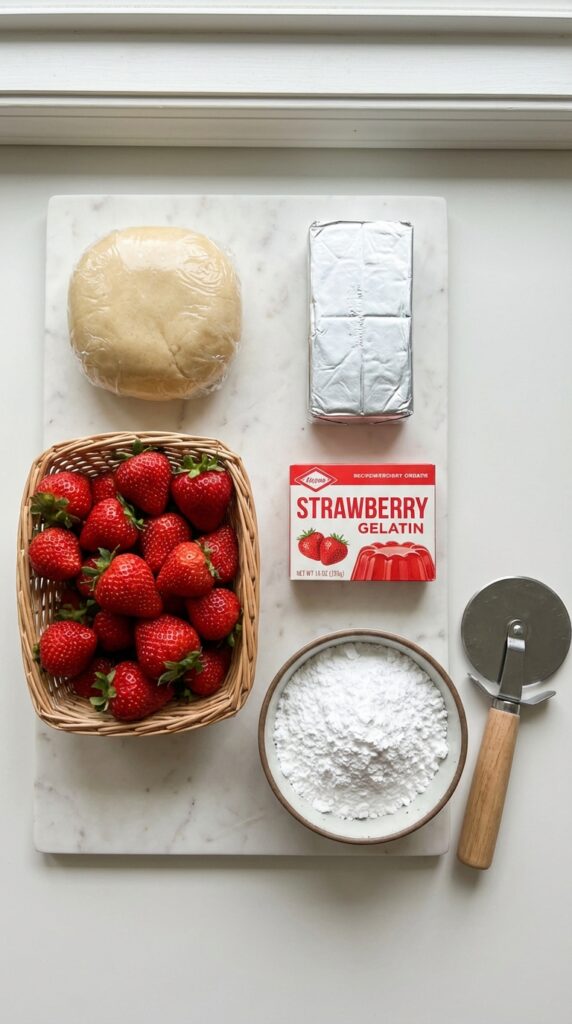 A flat lay showing sugar cookie dough, cream cheese, fresh strawberries, and gelatin mix on a marble board.