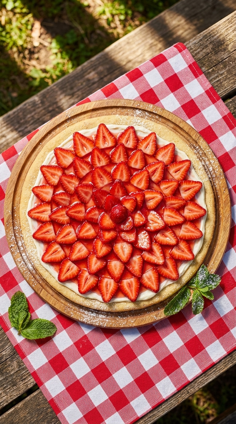 A top-down view of a dessert pizza with a sugar cookie crust, cream cheese, and glazed strawberries arranged in circles.