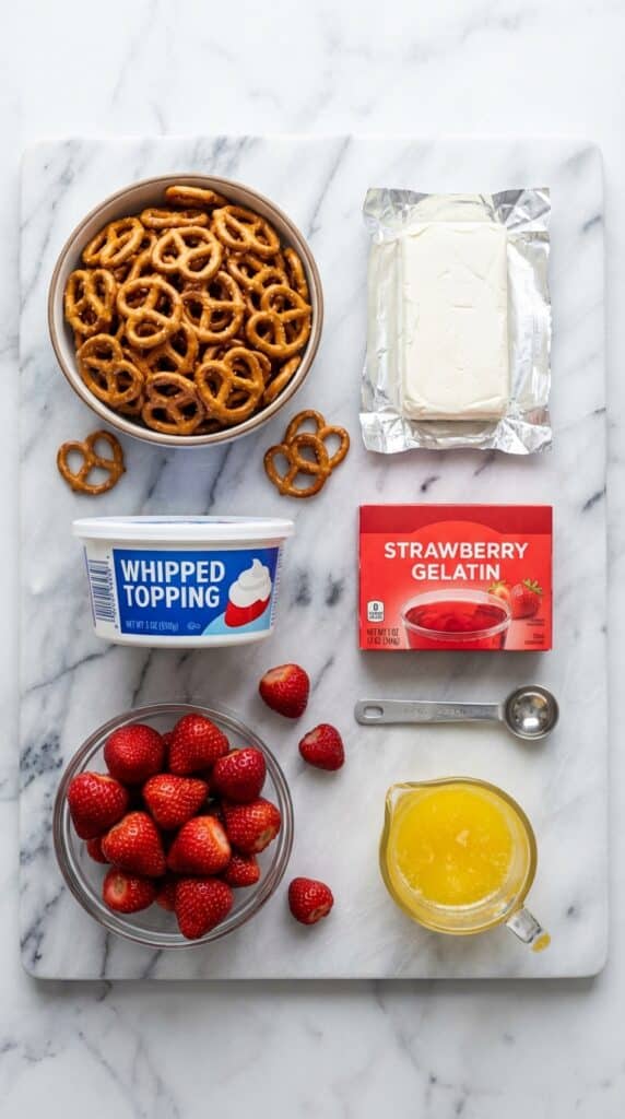 A flat lay showing salted pretzels, cream cheese, cool whip, strawberry jello box, and fresh berries on a marble surface.
