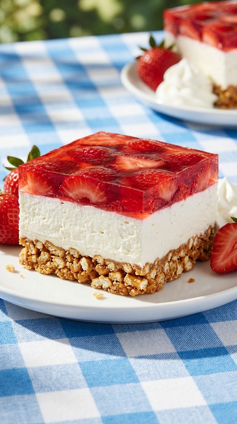 A square slice of strawberry pretzel dessert on a plate, showing layers of pretzel crust, white cream filling, and red strawberry jello.