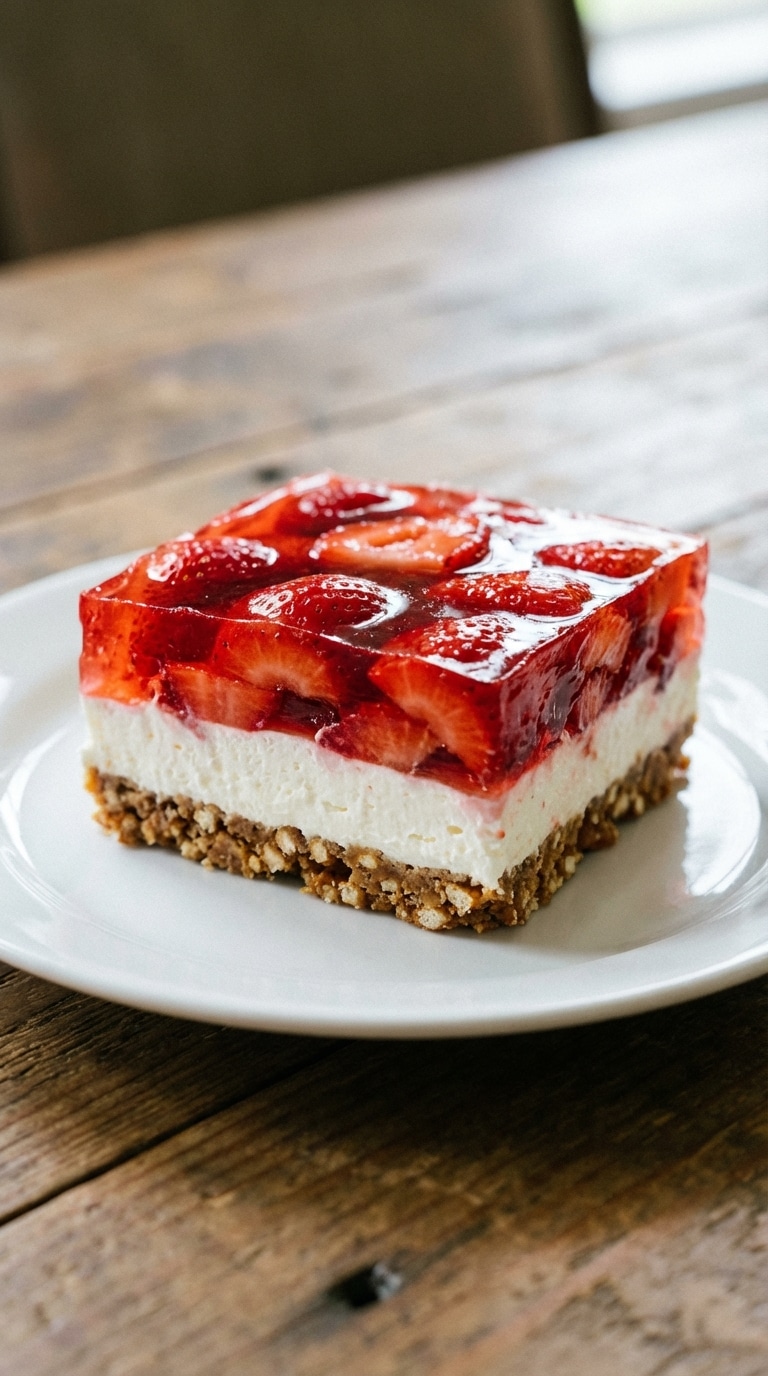 A slice of strawberry pretzel salad on a plate showing layers of pretzel crust, white cream cheese, and red jello with fruit.