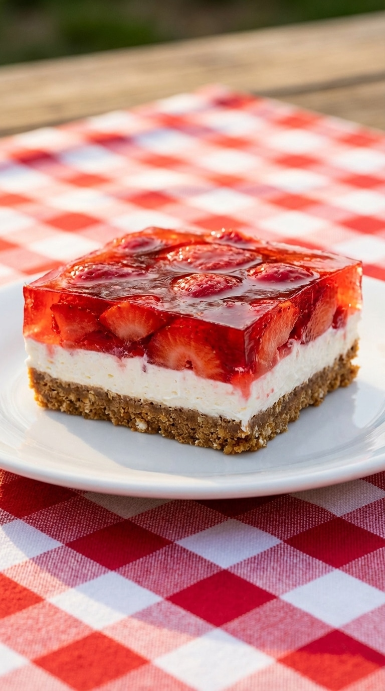 A side view of a slice of strawberry pretzel salad showing layers of pretzel crust, white cream cheese, and red strawberry jello.