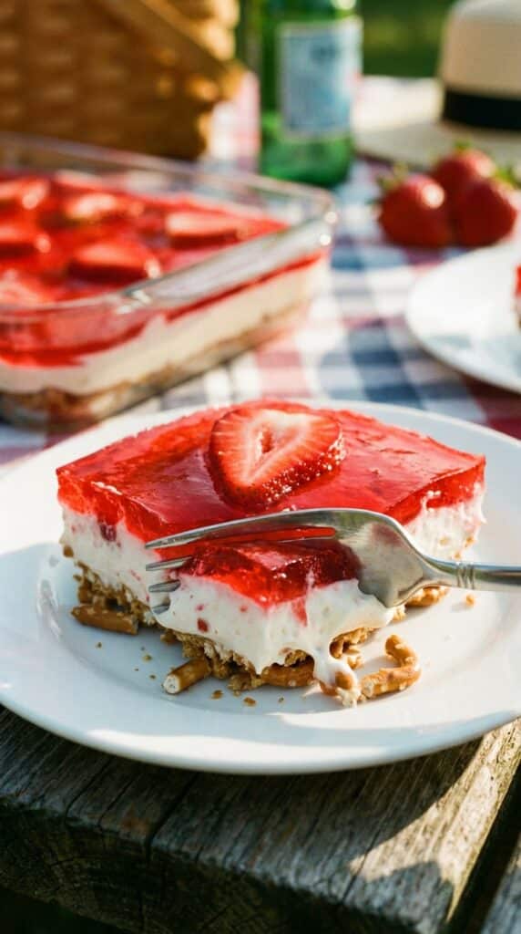 A close-up of a fork cutting through the pretzel crust of a strawberry salad slice.