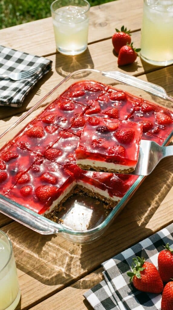 A glass baking dish of strawberry pretzel salad with a slice being lifted out by a spatula.