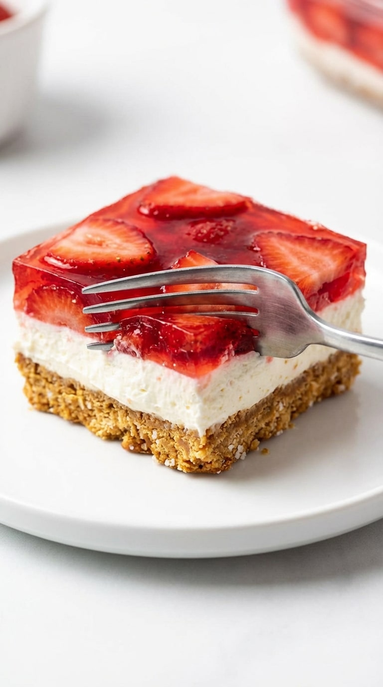 A slice of layered dessert with a pretzel crust, white cream cheese filling, and red strawberry jello topping.