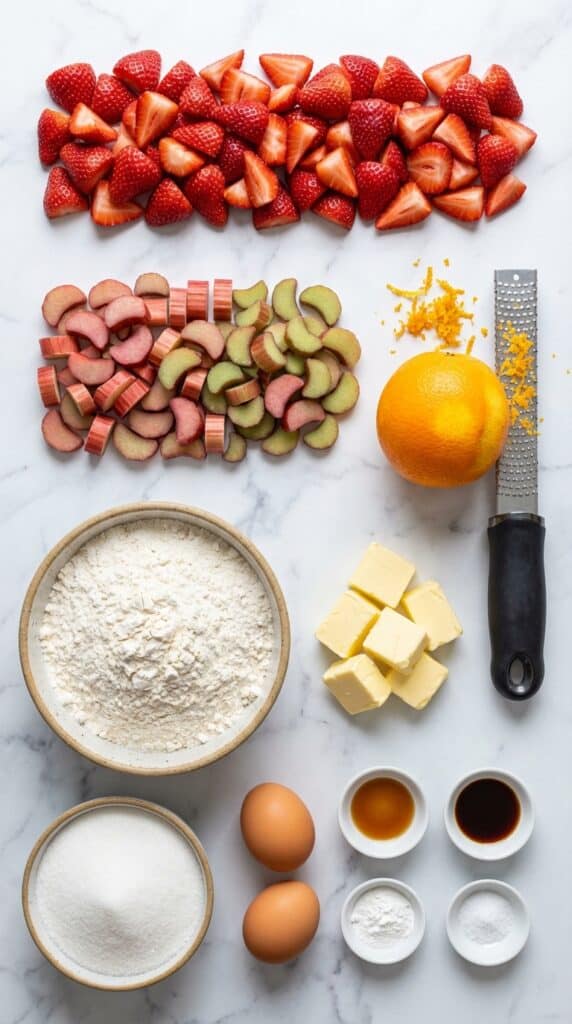 A flat lay showing chopped strawberries, sliced rhubarb, a fresh orange, flour, and butter on a marble board.