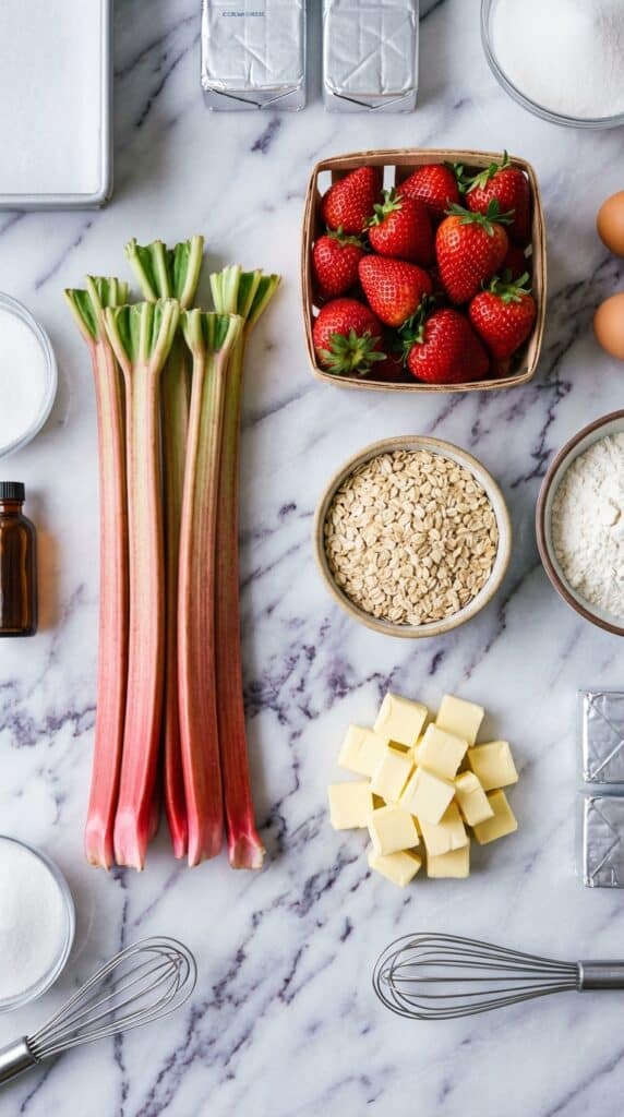 A flat lay showing fresh rhubarb stalks, strawberries, cream cheese, oats, and butter on a marble table.