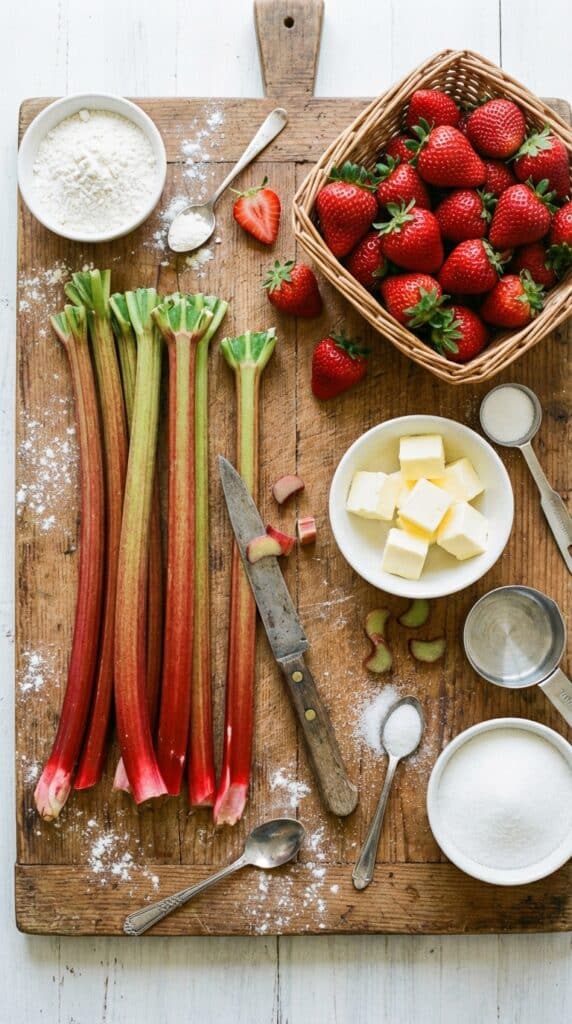 A flat lay showing fresh rhubarb stalks, strawberries, flour, butter, and sugar on a wooden board.