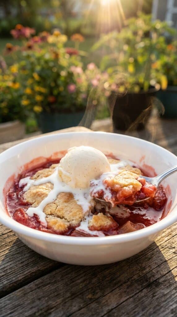 A close-up of a bowl of warm cobbler with melting vanilla ice cream and a spoon.