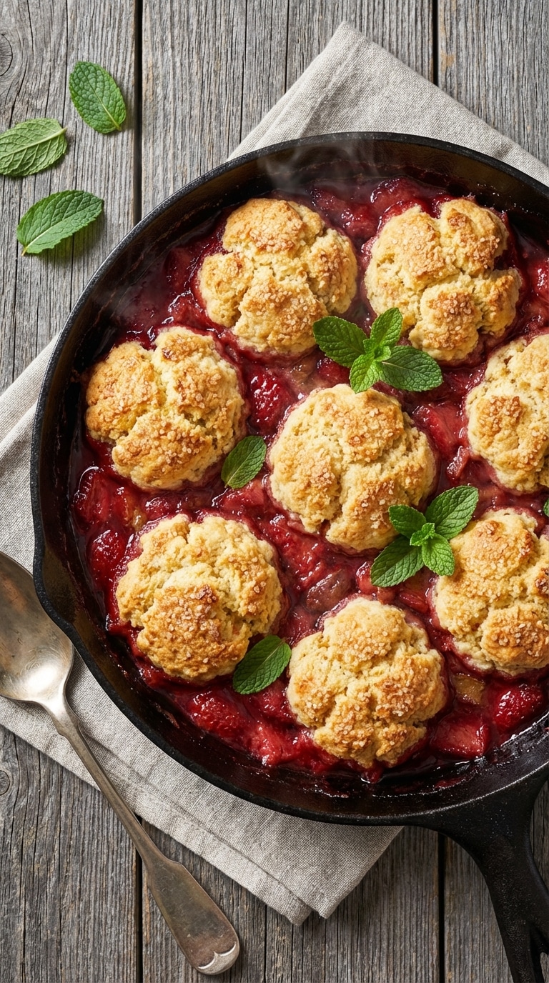A top-down view of a cast iron skillet filled with bubbling strawberry rhubarb cobbler with golden biscuit topping.