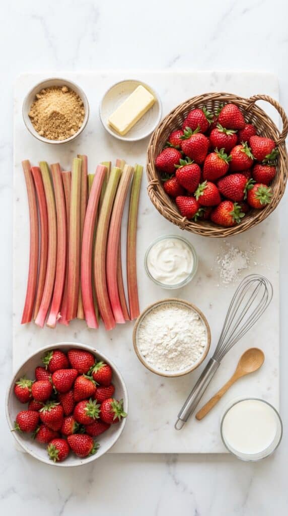 A flat lay showing fresh rhubarb stalks, strawberries, flour, butter, brown sugar, and sour cream on a marble surface.