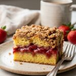 A close-up side view of a slice of coffee cake showing a layer of red fruit filling between the cake and the crumb topping.