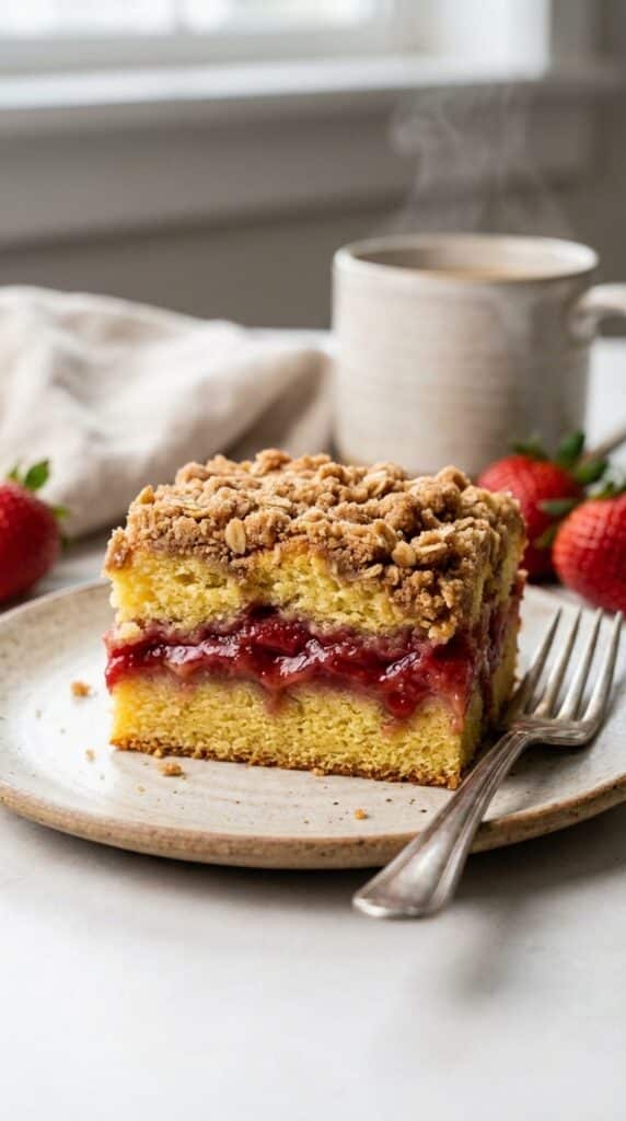 A close-up side view of a slice of coffee cake showing a layer of red fruit filling between the cake and the crumb topping.