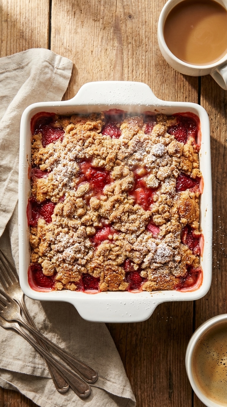 A top-down view of a square coffee cake with crumb topping and visible spots of red fruit filling.
