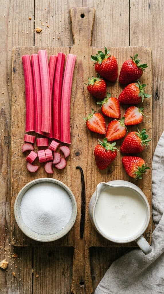 A flat lay showing pink rhubarb stalks, strawberries, sugar, vanilla, and cream on a wooden board.