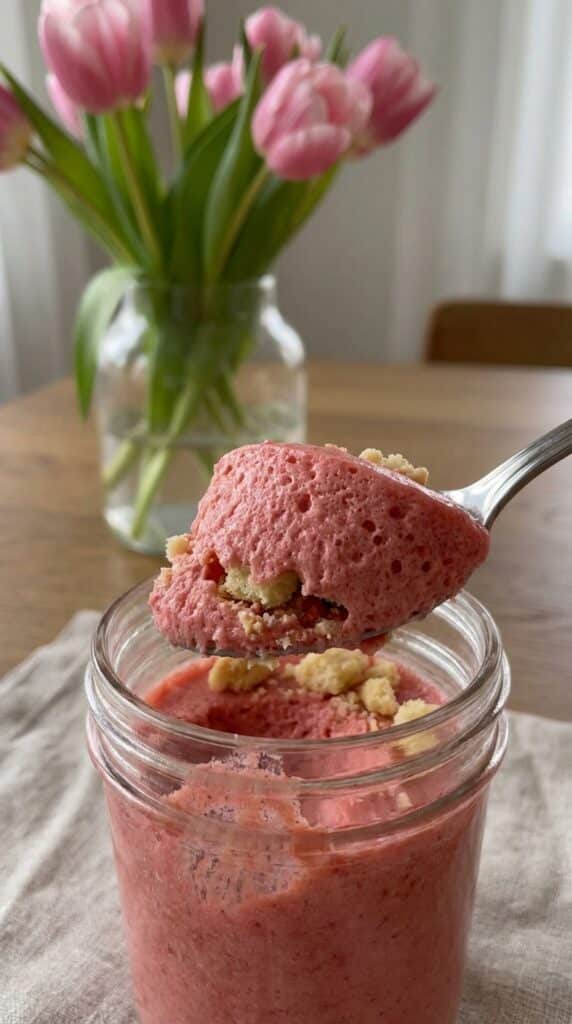 A close-up of a spoon lifting a scoop of fluffy pink mousse from a glass.