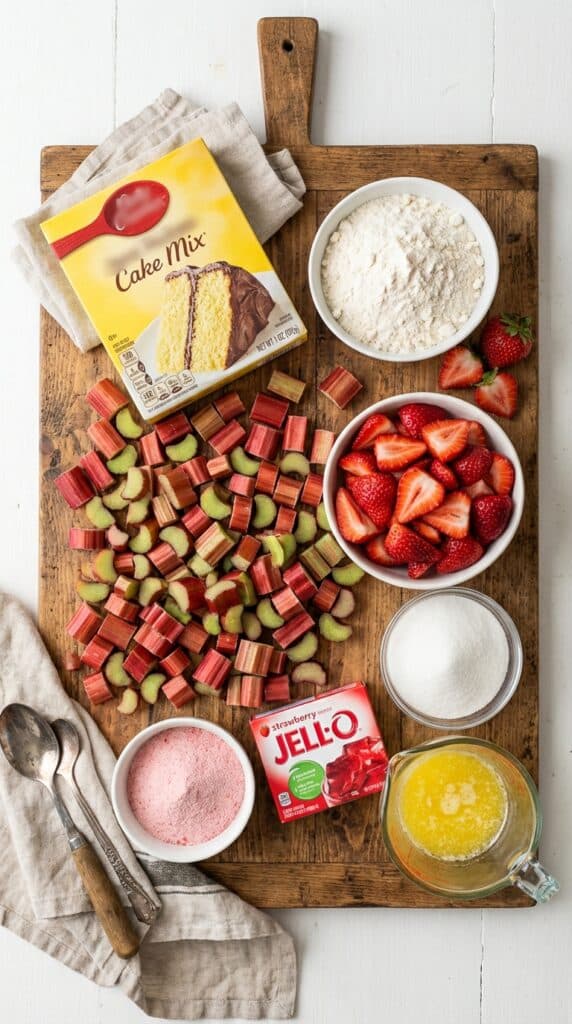 A flat lay showing chopped rhubarb, strawberries, yellow cake mix, strawberry jello, sugar, and melted butter.